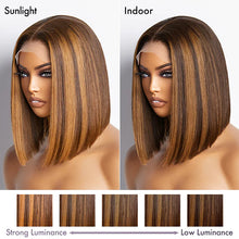 Load image into Gallery viewer, 💥[ BIG SALE ] Glueless Chestnut Brown Highlights Blunt Cut Bone Straight 4x4 Closure Bob Wig 100% Human Hair 12&quot;
