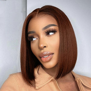 Glueless Chestnut Brown Blunt Cut  Bone straight 5x5 HD Lace   Bob Wig 100% Human Hair