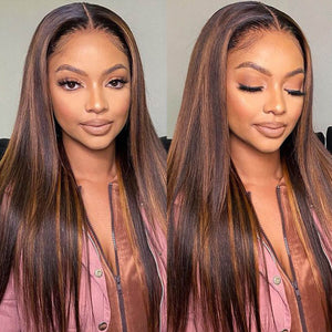 Glueless Chestnut Brown Highlights  Bone Straight 13x4  Frontal  HD Lace  Wig 100% Human Hair 26"